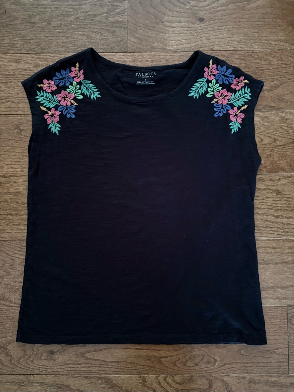 Talbots Navy Capped Sleeve Top with Colorful Shoulder Embroidery